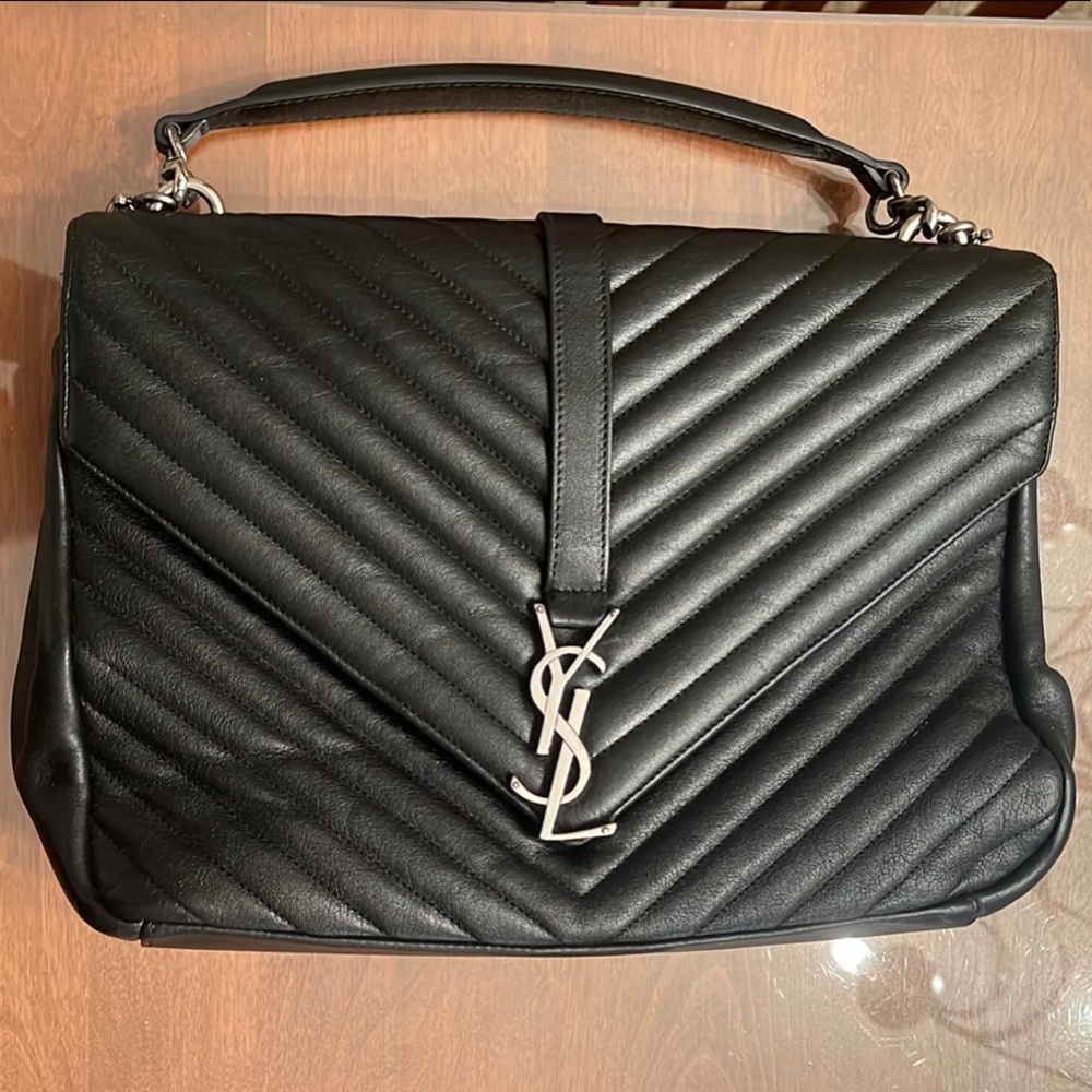Saint Laurent Black Quilted Flap Shoulder Bag with Top Handle